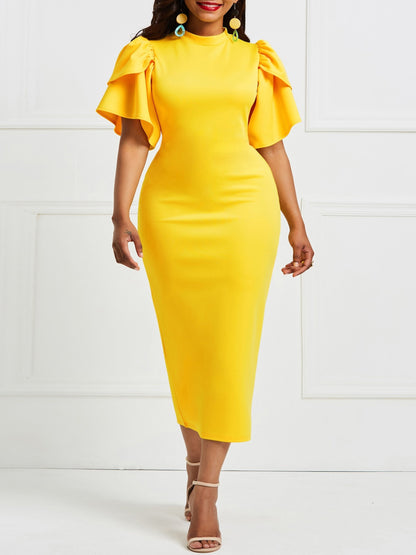 Long Sleeve Ruffle Midi Dress - Elegant Fitted Bodycon Dress for Women, Polyester Knit Fabric, Solid Color, Crew Neck, Short Ruffle Sleeve, No Belt, Perfect for Spring and Summer Elegant Dressing