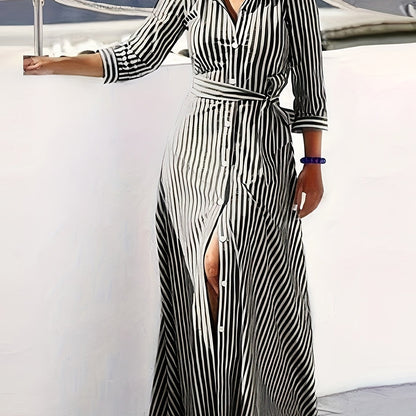 Chic Striped Long Sleeve Belted Maxi Shirt Dress - Elegant, Comfortable, and Versatile for Spring & Fall Seasons - Women's Clothing for Everyday Wear