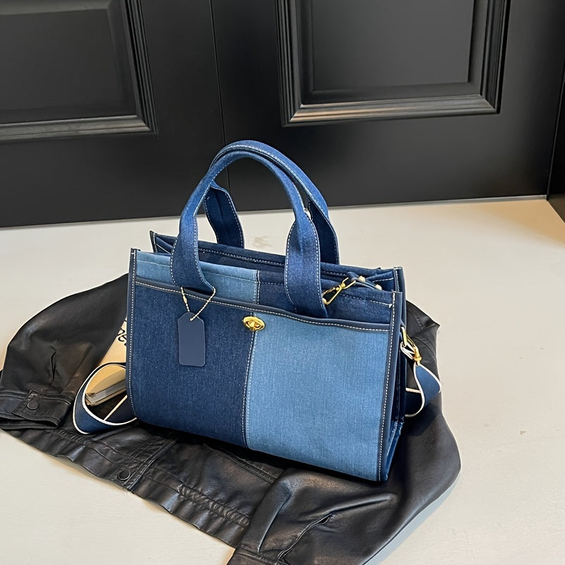 Classic Denim Patchwork Women's Handbag, Casual Style, Single Shoulder & Crossbody Tote Bag With Top Handle, Spacious Interior, Fashion Accessory