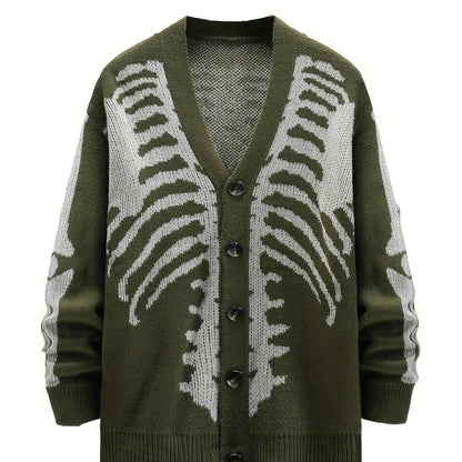 Plus Size Mens Skeleton Print Long Sleeve V Neck Button Down Cardigan Sweater - Soft Medium Stretch Fabric, Regular Fit, Long Length, and Acrylic Lining - Perfect for Fall and Winter Casual Street Wear