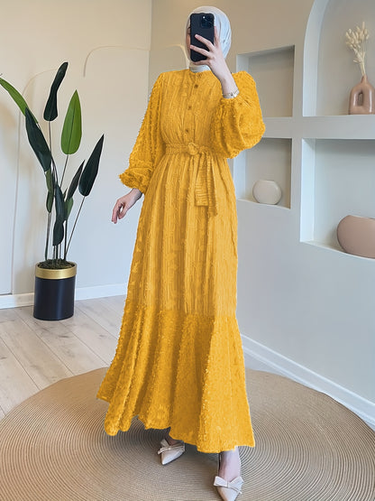 Elegant Jacquard Belted Maxi Kaftan Dress - Flowy Pleated Design, Lantern Sleeve, Button Front, Modest Solid Color, Comfortable Women's Clothing for Special Occasions