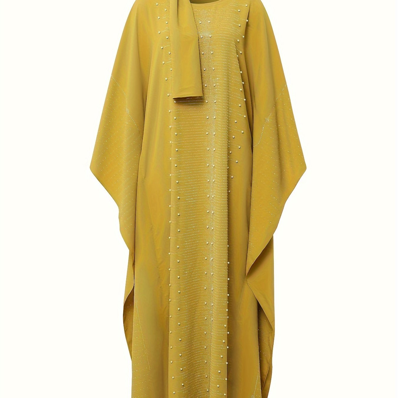 Rhinestoned Crew Neck Modest Maxi Dress - Elegant Batwing Sleeves, Polyester Fabric, Solid Color, No Elasticity, Spring/Summer Casual Wear - Includes Scarf, Womens Loose Fit Clothing