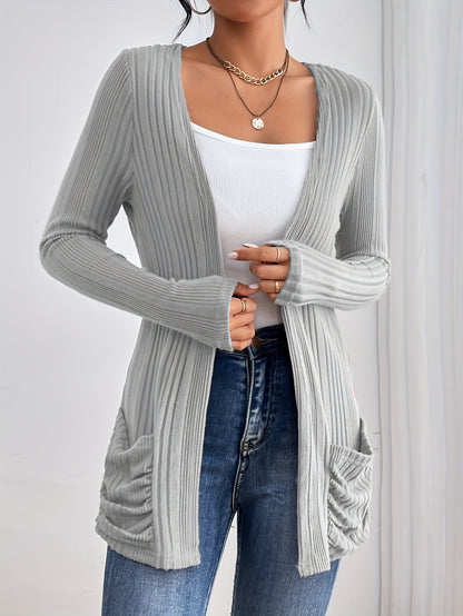 Solid Open Front Rib Knit Cardigan, Casual Long Sleeve Slim Cardigan With Pocket, Women's Clothing