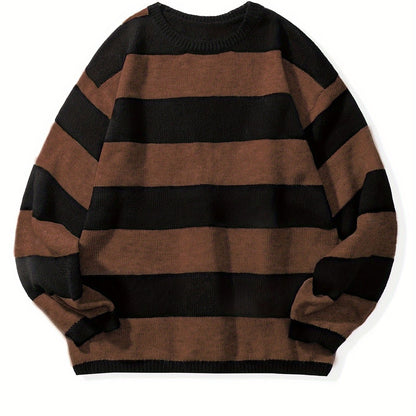 Retro Chic Knitted Sweater for Men - Soft, Warm, Slightly Stretchy Crew Neck Pullover with Preppy Striped Pattern for Fall and Winter - K-Pop Inspired, Casual, Comfortable, and Versatile