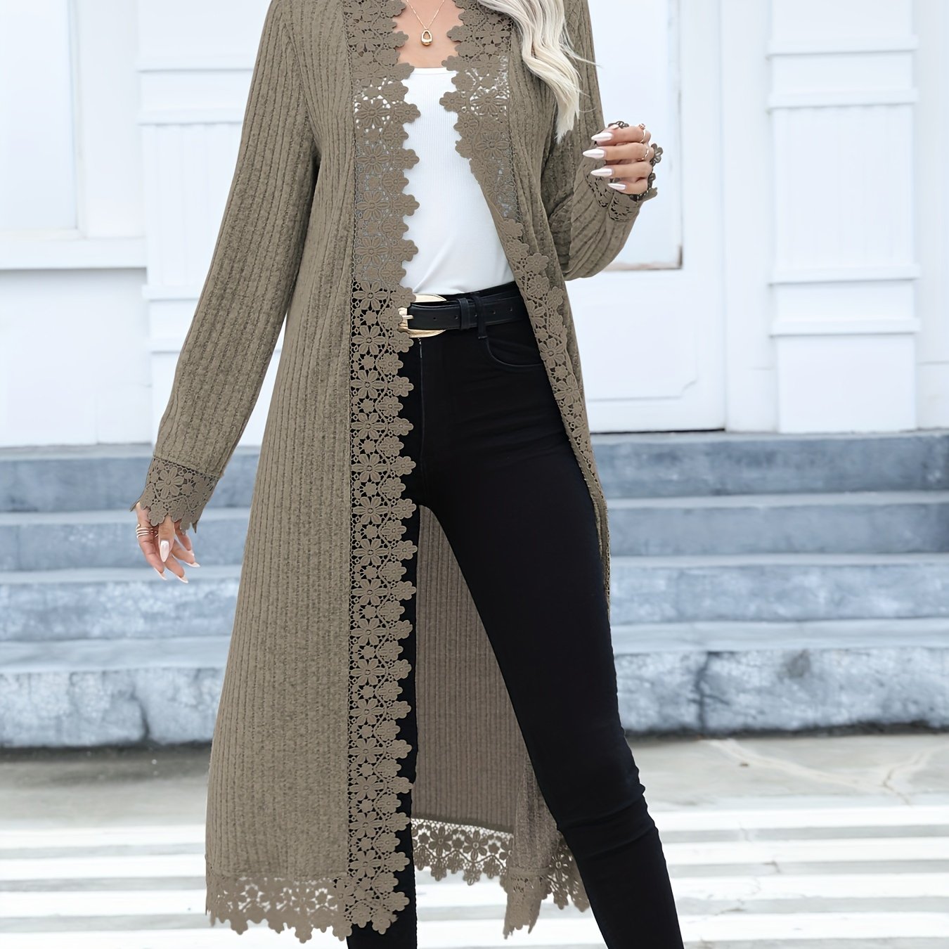 Ribbed Open Front Knitted Cardigan, Casual Lace Trim Long Sleeve Cardigan, Women's Clothing