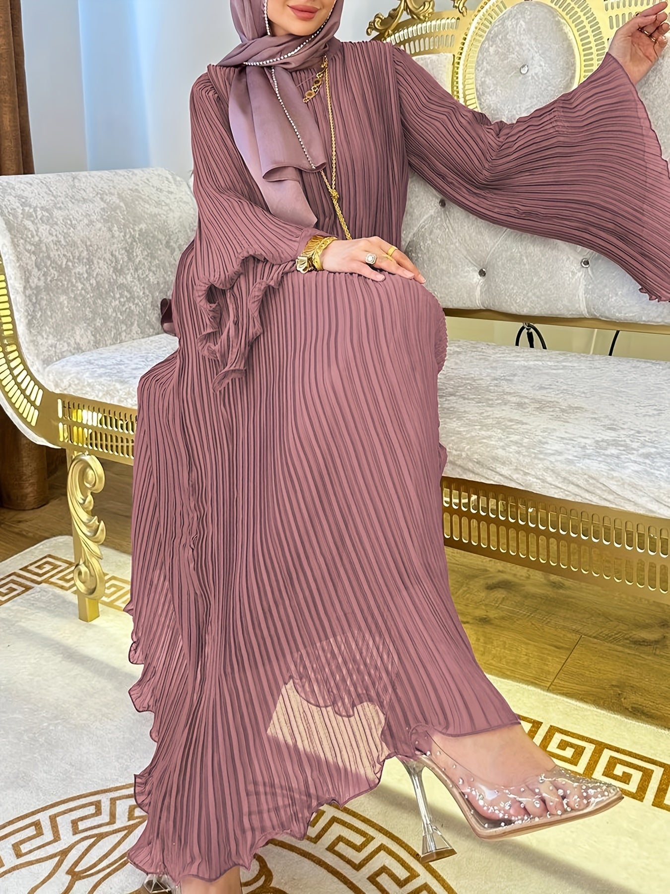 Stunning Pleated Flare Long Sleeve Abaya Dress - Elegant Lettuce Trim, Maxi Length, Flowy, Modest, Comfortable, Women's Islamic Clothing for Special Occasions - Perfect for Wedding, Party, and Daily Wear