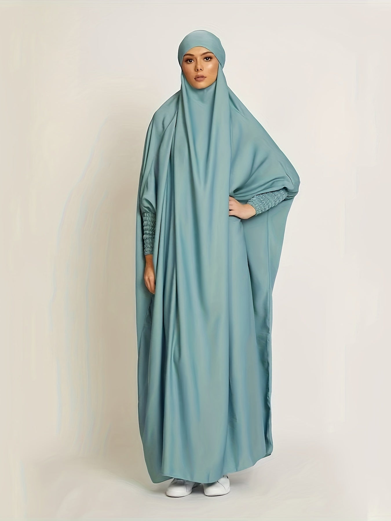 Muslim Long Batwing Sleeve Dress, Modest Solid Color Maxi Length Loose Hijab Kaftan Dress, Women's Clothing