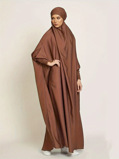 Muslim Long Batwing Sleeve Dress, Modest Solid Color Maxi Length Loose Hijab Kaftan Dress, Women's Clothing