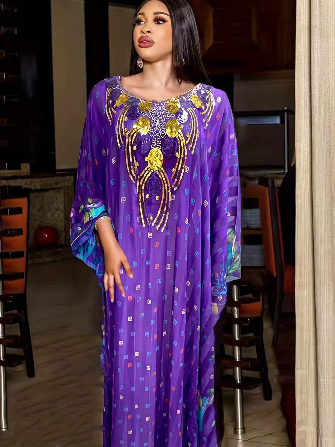 Ramadan Elegant Crew Neck Batwing Sleeve Maxi Kaftan Dress - All Over Print, Semi-Sheer, Polyester, No Elasticity, Hand Wash Only - Perfect for Middle East Style, Womens Clothing