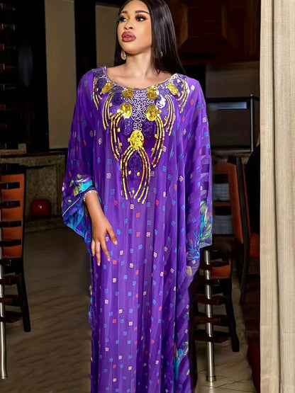 Ramadan Elegant Crew Neck Batwing Sleeve Maxi Kaftan Dress - All Over Print, Semi-Sheer, Polyester, No Elasticity, Hand Wash Only - Perfect for Middle East Style, Womens Clothing