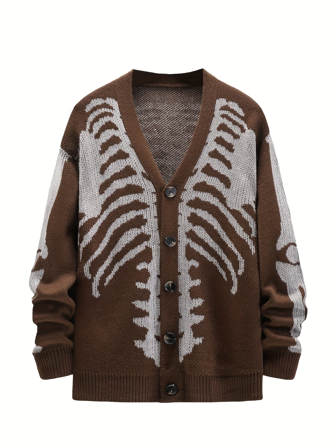 Plus Size Mens Skeleton Print Long Sleeve V Neck Button Down Cardigan Sweater - Soft Medium Stretch Fabric, Regular Fit, Long Length, and Acrylic Lining - Perfect for Fall and Winter Casual Street Wear