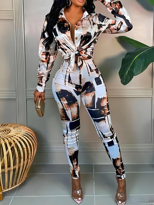 Color Block Casual Two-piece Set, Button Front Long Sleeve Shirt & Slim Pants Outfits, Women's Clothing