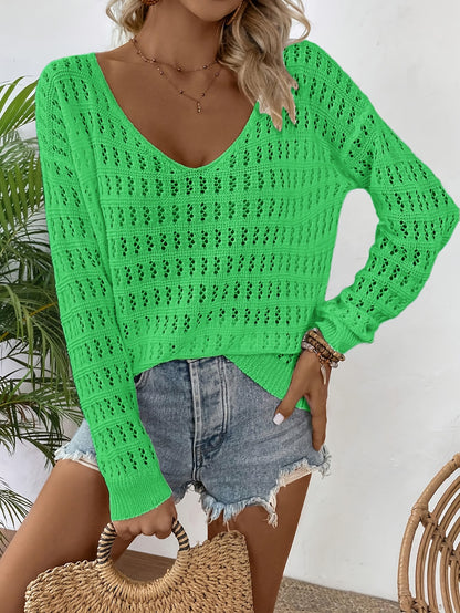 Cozy Pointelle V-Neck Knitted Sweater - Soft, Casual, Long Sleeve, Drop Shoulder, Pullover Design for Spring & Fall Seasons - Women's Comfortable Clothing for Everyday Wear