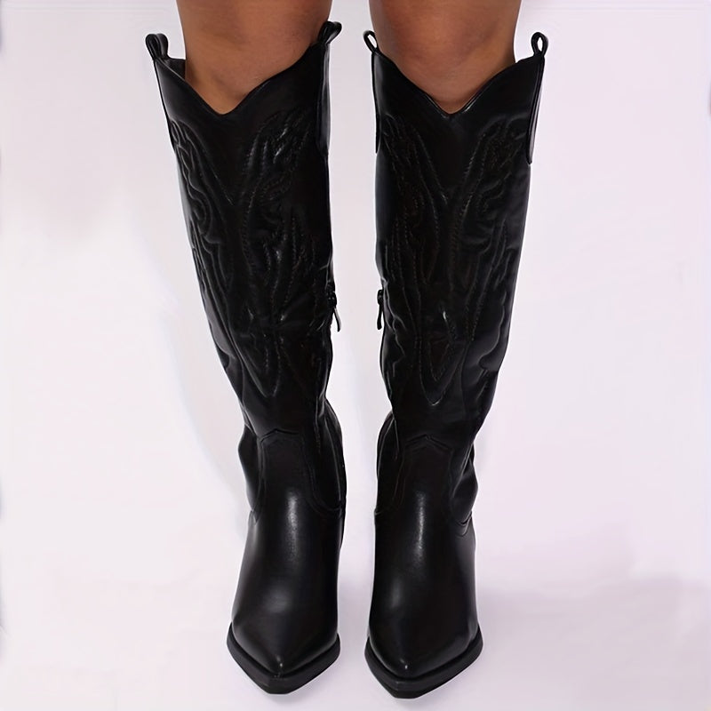 Womens Western Cowgirl Boots - Intricately Embroidered, Knee-High, Pointed Toe, V-cut Side Zipper, Chunky Heel - Long, Stylish, and Western-Inspired Shoes for Women