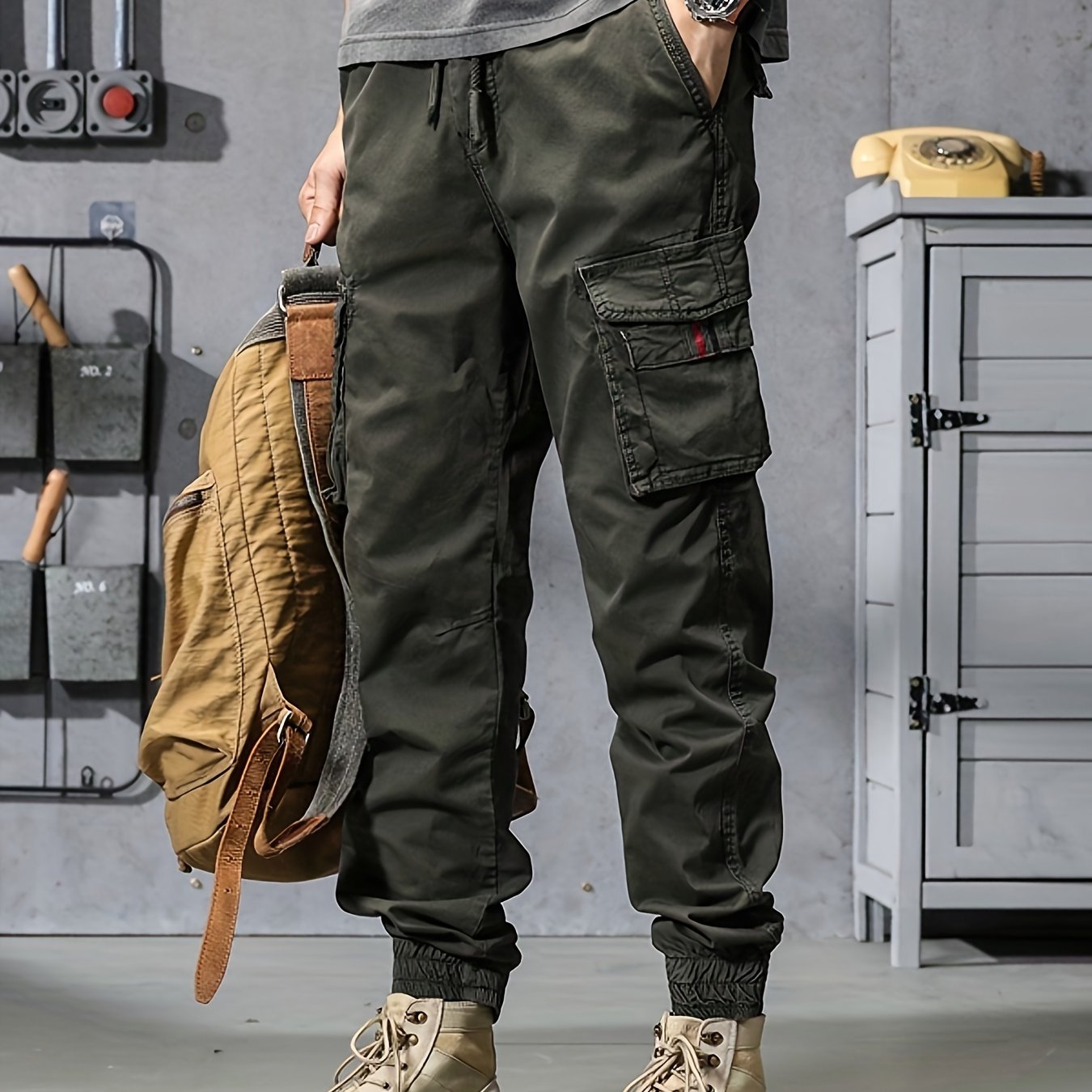 Mens Cropped Cotton Blend Cargo Pants - Elastic Waist, Multi Flap Pockets, Slight Stretch, Loose Fit, Weekend Casual, Solid Color, Hip Hop Style - Perfect for Outdoor Activities and Streetwear