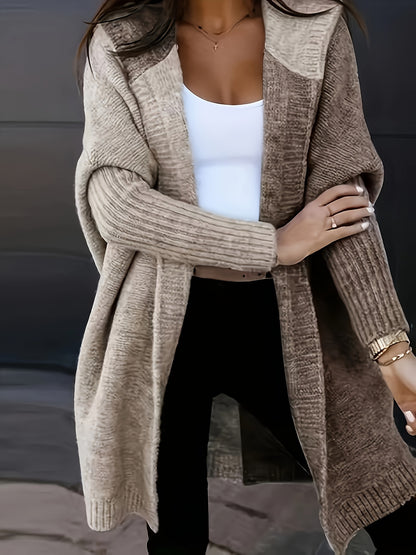 Plus Size Color Block Hooded Knitted Cardigan, Casual Long Sleeve Open Front Cardigan, Women's Plus Size Clothing