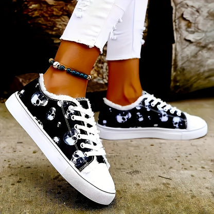 Spooky Chic Skull Print Canvas Shoes for Women - Lightweight, Breathable, Low-Top Sneakers with Casual Lace-Up Design, Perfect for Outdoor Activities and Halloween Parties - Comfortable, Versatile, and Easy to Slip On