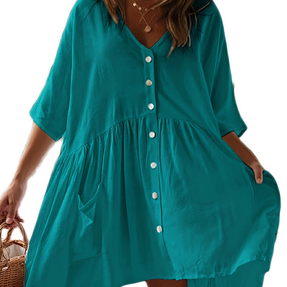 Chic Solid Color Loose-Fitting Dress - Versatile Button Front & Pockets - Perfect Half Sleeve Vacation Wear Coverup for Beach Days