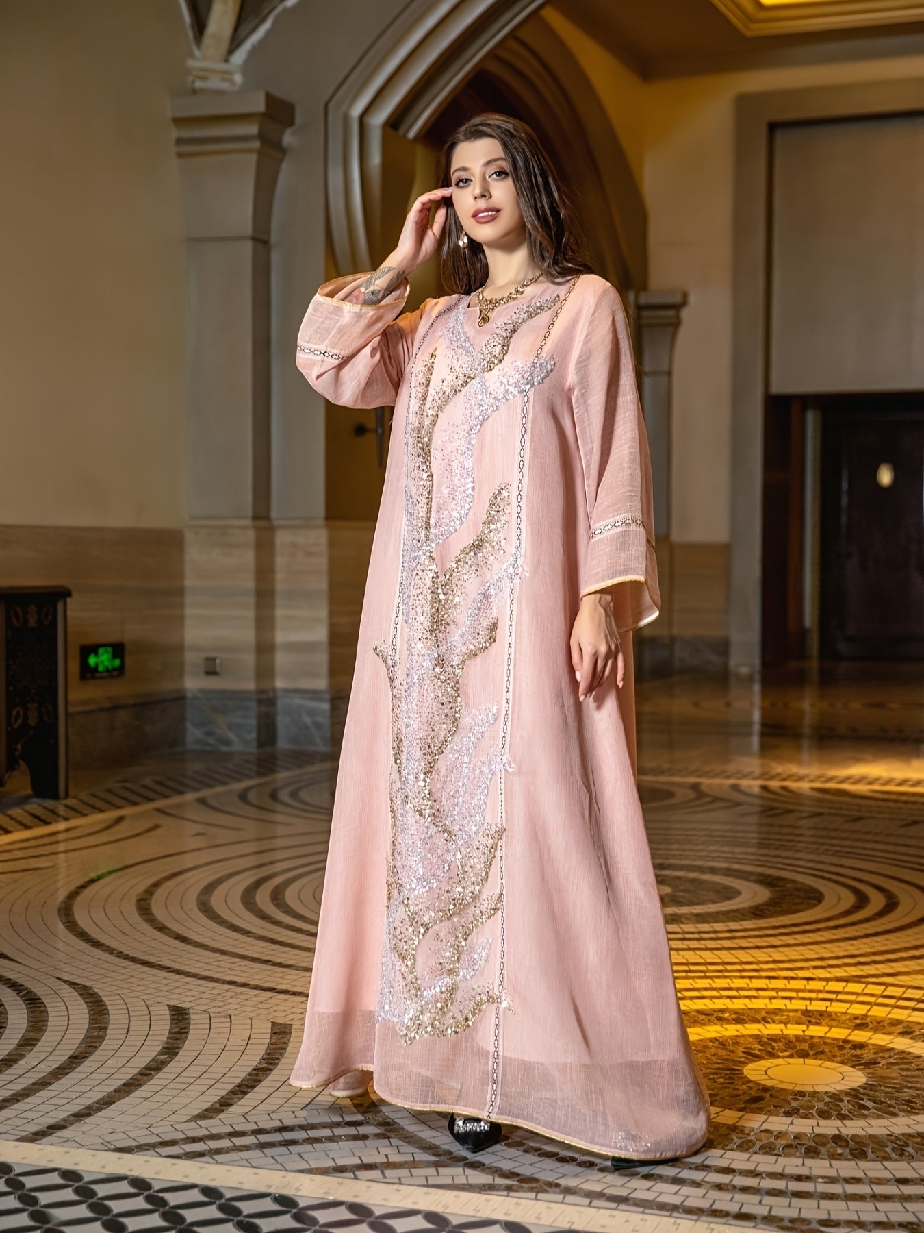 Sequined Mesh Kaftan Dress - Stunning Contrast Fabric, Elegant Long Sleeve Notched Neck Maxi Loose Fit, Perfect for Special Occasions, Womens Clothing