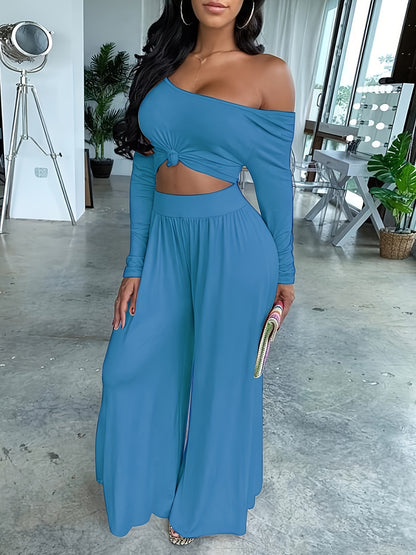 All-Season Chic Women's Leisure Set: Durable Wide-Leg Pants & Comfy Crop Top in Solid Color, Perfect for Vacation & Beyond