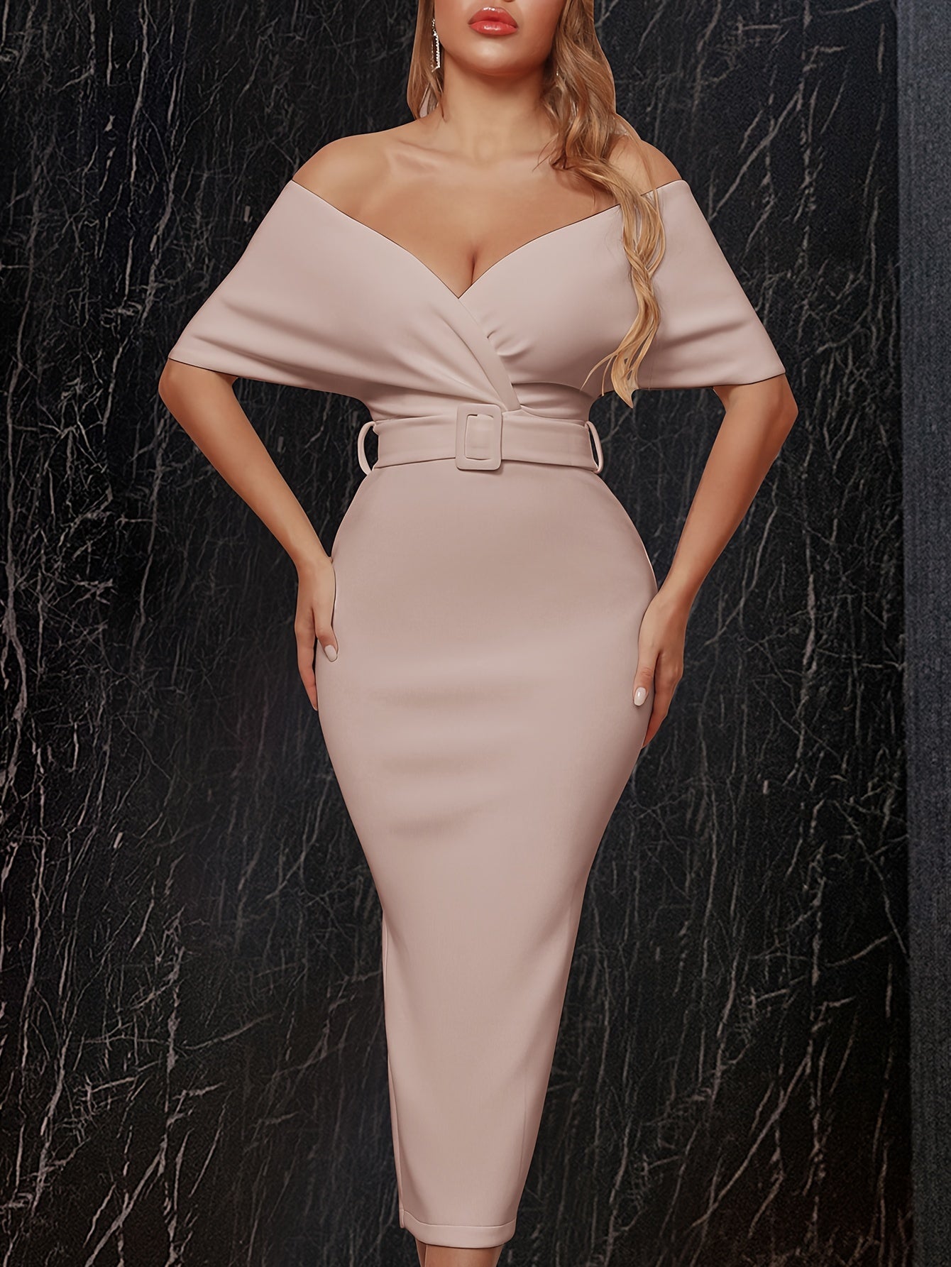 Stunning Off-the-Shoulder Solid Color Slim Fit Midi Dress - Elegant Backless, Belted Waist, Flattering Silhouette, Women's Formal Clothing for Bridesmaids and Evening Occasions