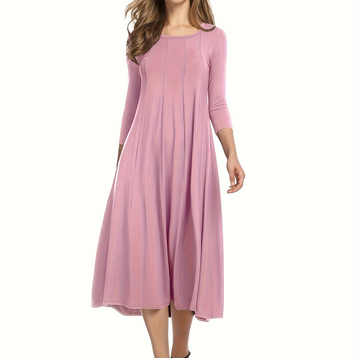 Vibrant Solid Color Crew Neck Midi Dress - Comfortable 3/4 Sleeve Loose Fit, Flattering A-Line Silhouette, Perfect for Spring & Summer, Women's Casual Clothing, Easy to Wear and Move Around