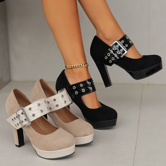 Womens Stylish Chunky Heel Pumps - Round Toe Design, Thick Platform, High Heel Height, Glamorous Studded Straps - Perfect for Stage Show, Fashion Performance, Night Out, Special Occasion, Trendy Block Heel Style, Chic and Elegant Design