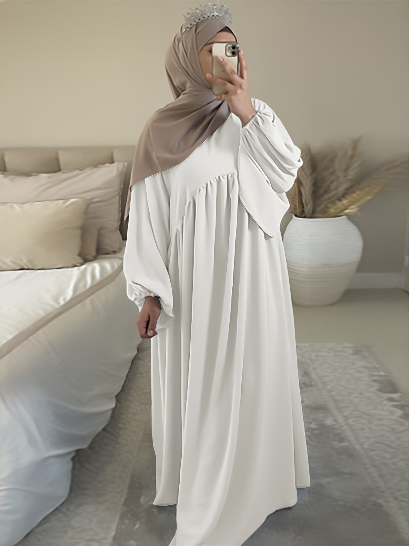 Stunning Ruffle Hem Maxi Dress - Elegant Lantern Sleeves, Modest Loose Fit, Solid Color, Women's Clothing for Everyday Elegance