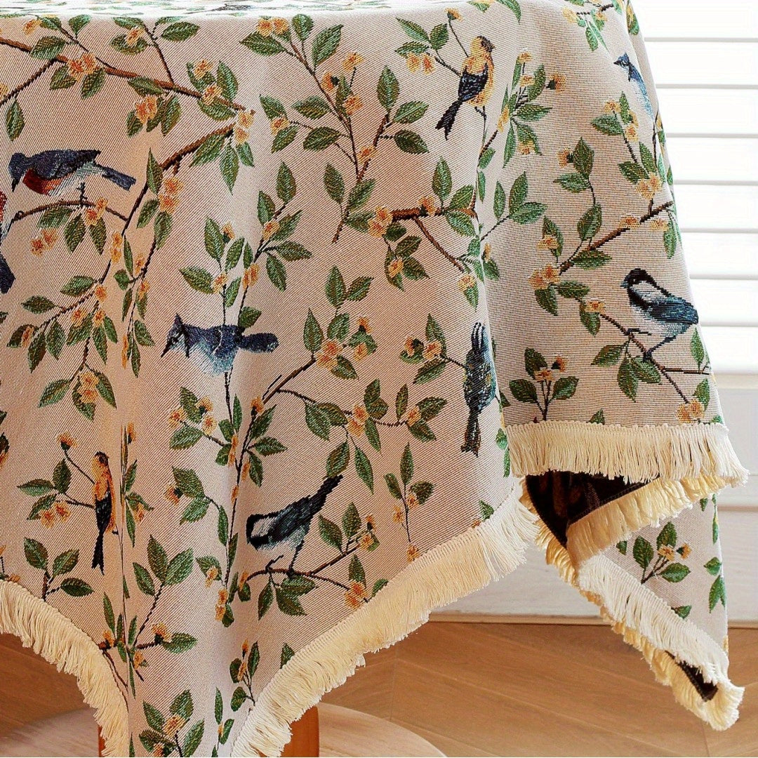 1pc, Exquisite Bird Embroidery Knitted Jacquard Tablecloth - Soft, Cozy, and Delicately Designed for Rustic Farmhouse Home Decor, Perfect for Christmas Decorations and as a Unique Gift