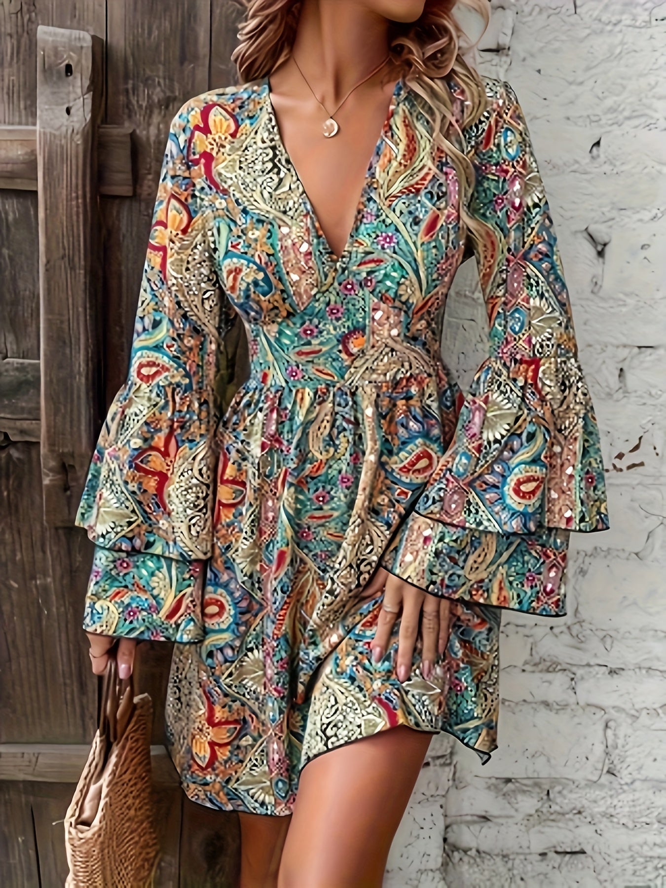 Stunning Paisley Print V-Neck A-Line Dress - Elegant Layered Sleeve, Flowy, Comfortable, Vacation-Ready - Women's Clothing for Elegant Occasions