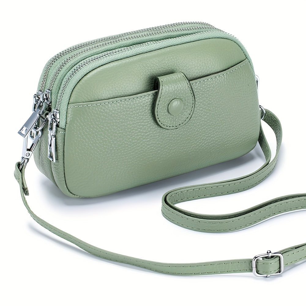 Small Genuine Leather Crossbody Bag for Women - Triple Top Zipper, Adjustable Strap, Polyester Lining, Solid Color, Edge Painted, Stylish and Practical Accessory