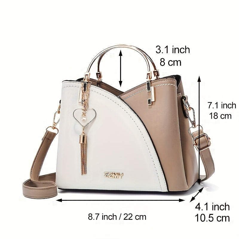 eybag - Color Block Satchel Bag, Trendy Tassel Decor Crossbody Bag, Women's Top Ring Purse (9.1*7.5*4.5) Inch