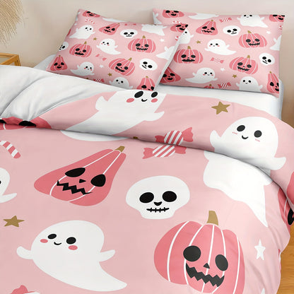 Halloween & Ghost Themed Duvet Cover Set, 3 Piece - 100% Polyester Lightweight Sanded Fabric, All-Season Digital Printed Bedding with Zipper Closure - Includes 1 Duvet Cover and 2 Pillowcases, Machine Washable, No Duvet Insert