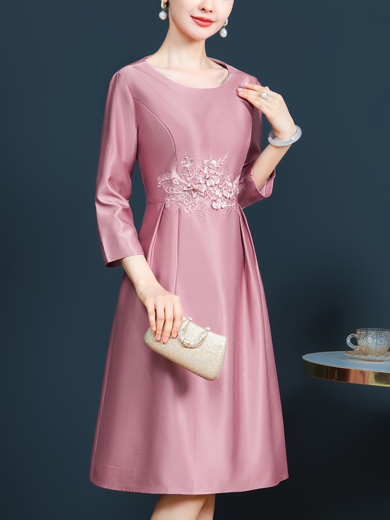 Stunning Pink Embroidered 3/4 Sleeve Mid-Length Dress for Mother of the Bride or Wedding Guest - Slimming, Elegant, and Sophisticated - Perfect for Formal Occasions and Special Events