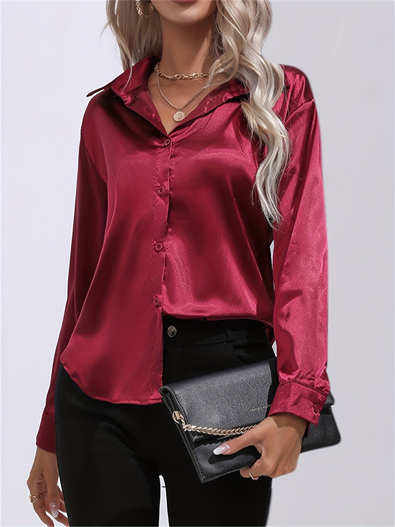 Effortlessly Chic Women's Casual Shirt: Long Sleeve, Solid Color, Lapel Collar, Dipped Hem, Micro-Elastic Fabric