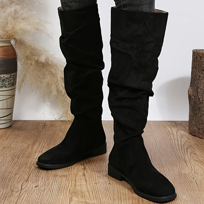 Women's Slouch Knee High Boots, Comfortable Square Toe Pull On Long Boots, All-Match Suedette Boots