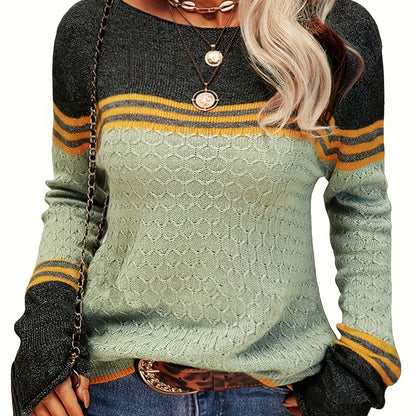 Cozy Autumn Winter Colorblock Pullover Sweater - Round Neck, Striped, Slim Fitting, Soft Knitwear Top for Women - Perfect for Casual Daily Wear, Outdoor Activities, and Layering Under Jackets