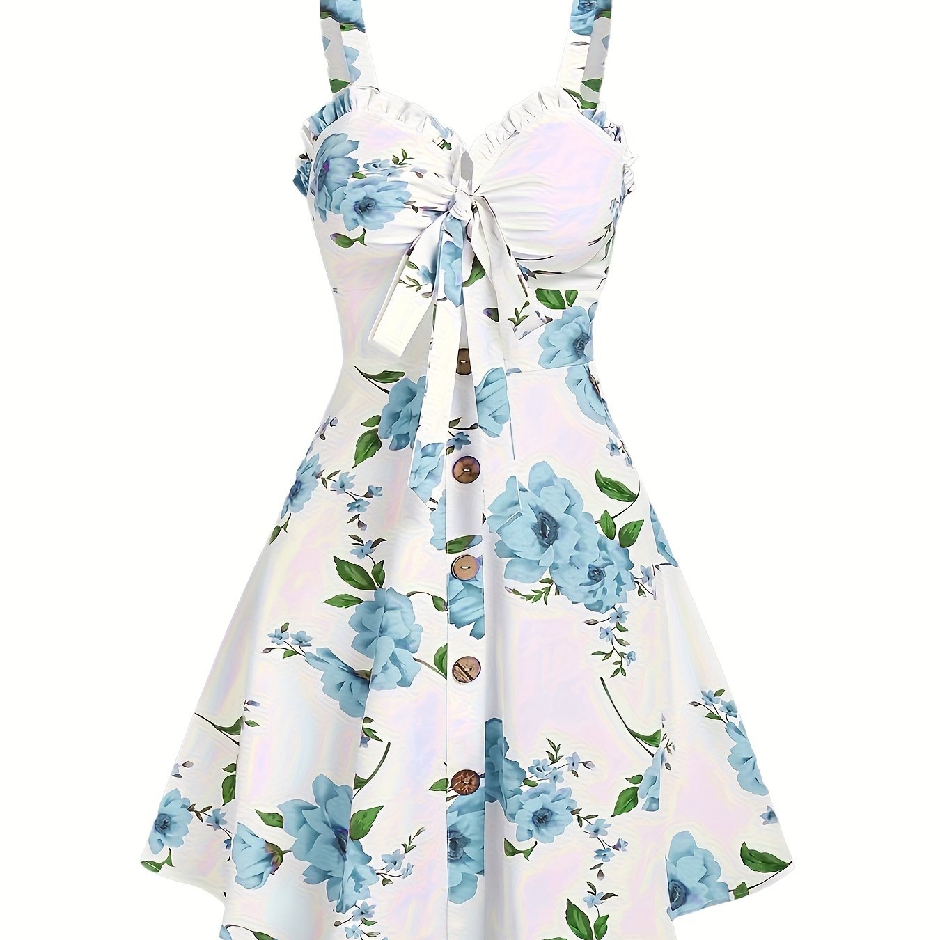 Flirty Floral Ruffle Tank Dress - Chic Button Front, A-Line Ruched Design for Spring & Summer Elegance - Womens Fashion Must-Have