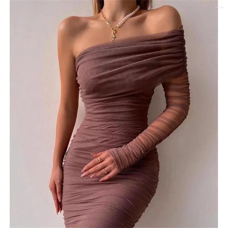 Casual Dresses  Black Women One Shoulder Mesh Long Sexy Diagonal Collar Wrap Slim Bodycon Dress Female Formal Evening Party