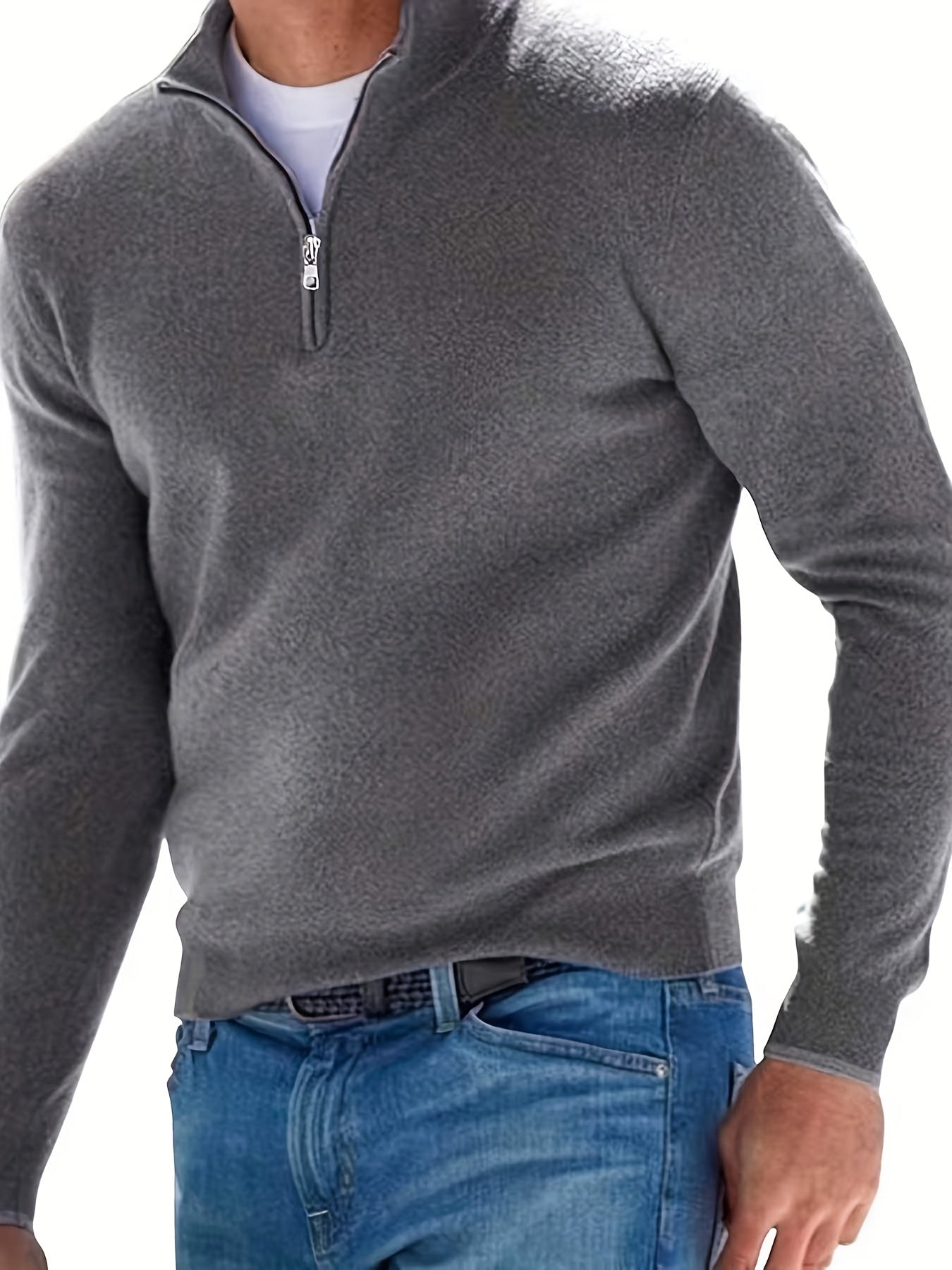 High Stretch Mens Long Sleeve Solid Color Knitted Collared Sweater with Zipper - Soft, Breathable, and Comfortable for Spring and Fall - Old Money Style, Casual Wear