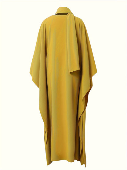 Rhinestoned Crew Neck Modest Maxi Dress - Elegant Batwing Sleeves, Polyester Fabric, Solid Color, No Elasticity, Spring/Summer Casual Wear - Includes Scarf, Womens Loose Fit Clothing