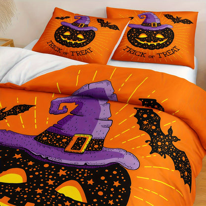 Halloween & Ghost Themed Duvet Cover Set, 3 Piece - 100% Polyester Lightweight Sanded Fabric, All-Season Digital Printed Bedding with Zipper Closure - Includes 1 Duvet Cover and 2 Pillowcases, Machine Washable, No Duvet Insert