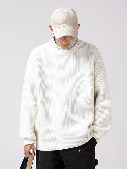 Men's Loose Striped Knitted Sweater, Casual Long Sleeve Crew Neck Top For Outdoor, Old Money Style