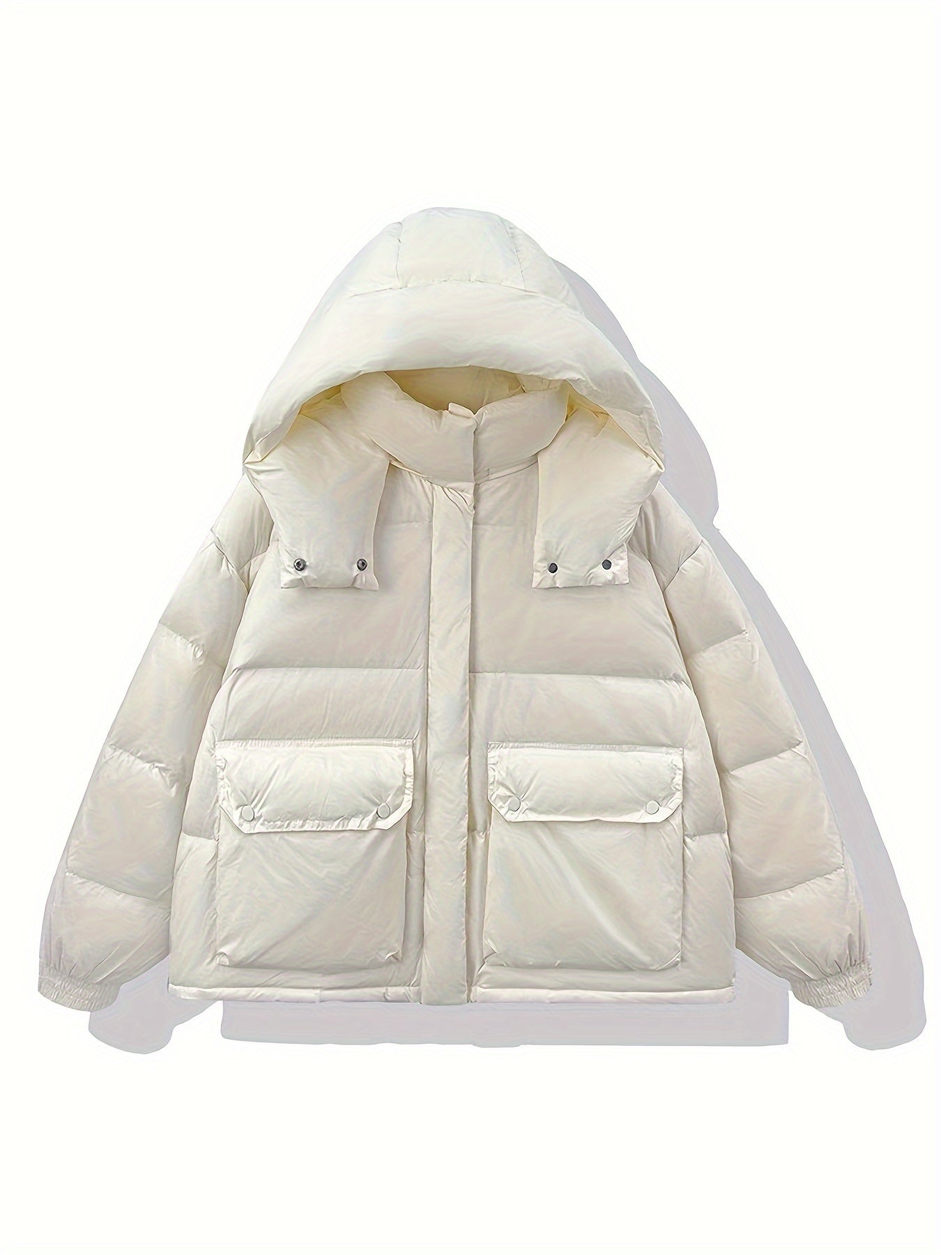 Solid Color Puffer Jacket For Women, Casual Winter Loose Lightweight Hooded Jacket, Women's Clothing