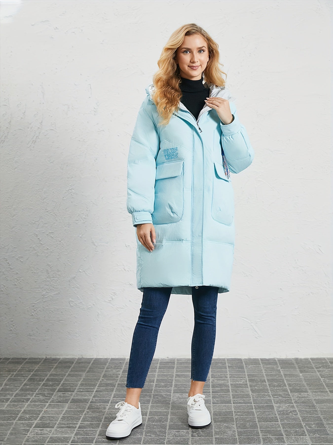 Pocket Front Hooded Warm Coat, Casual Mid Length Long Sleeve Winter Outerwear, Women's Clothing