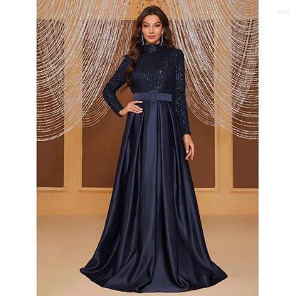 Casual Dresses Spring Autumn Fashion Elegant Women Long Sleeve Blue Sequined Cocktail Formal Occasion Evening Party Maxi Ladies