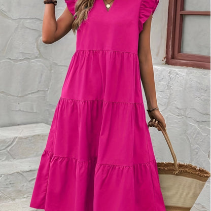 Long Elegant V-Neck Ruffle Sleeve Pendulum Dress - Flared, Solid Color, Polyester, Non-Elastic, Woven, Perfect for Spring and Summer - Womens Classic Elegant Dressing for Adult