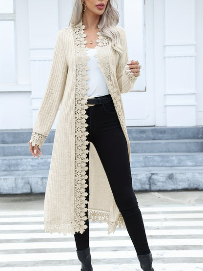 Ribbed Open Front Knitted Cardigan, Casual Lace Trim Long Sleeve Cardigan, Women's Clothing