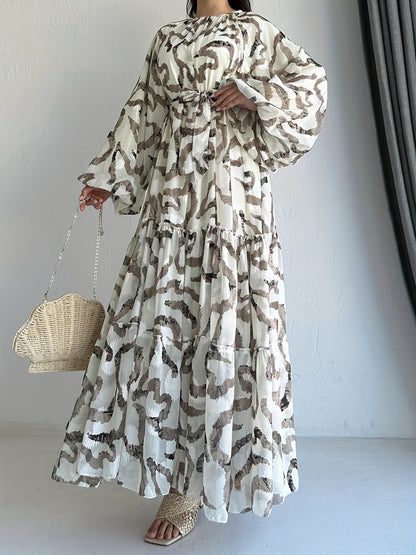 Long Sleeve Maxi Length Crew Neck Abaya Dress - Elegant Ruffle Hem, Micro Elasticity Polyester Fabric, Color Block Random Printing, Belted, Middle East Style, Woven - All Seasons, Not Sheer, Womens Clothing