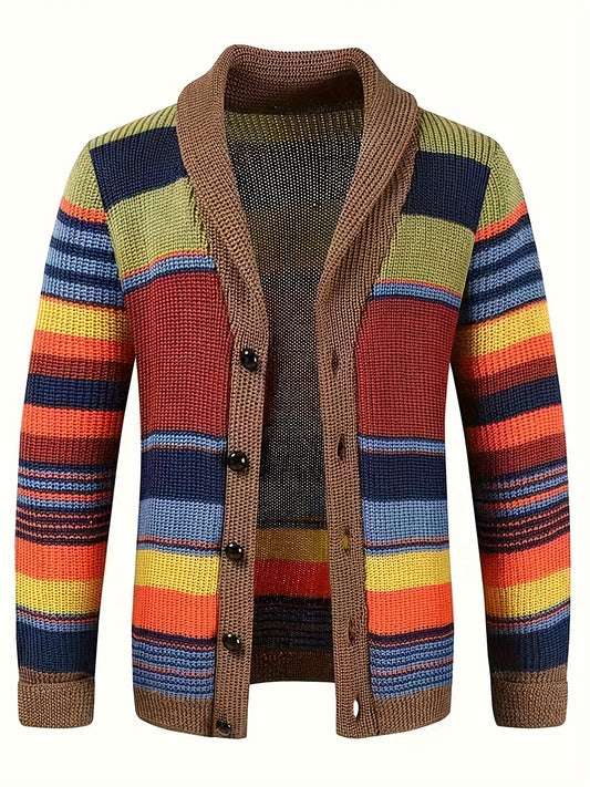 Elegant Retro Button Up Slightly Stretch Cardigan Jacket, Men's Casual Color Block Vintage Style V Neck Sweater Cardigan Coat For Fall Winter